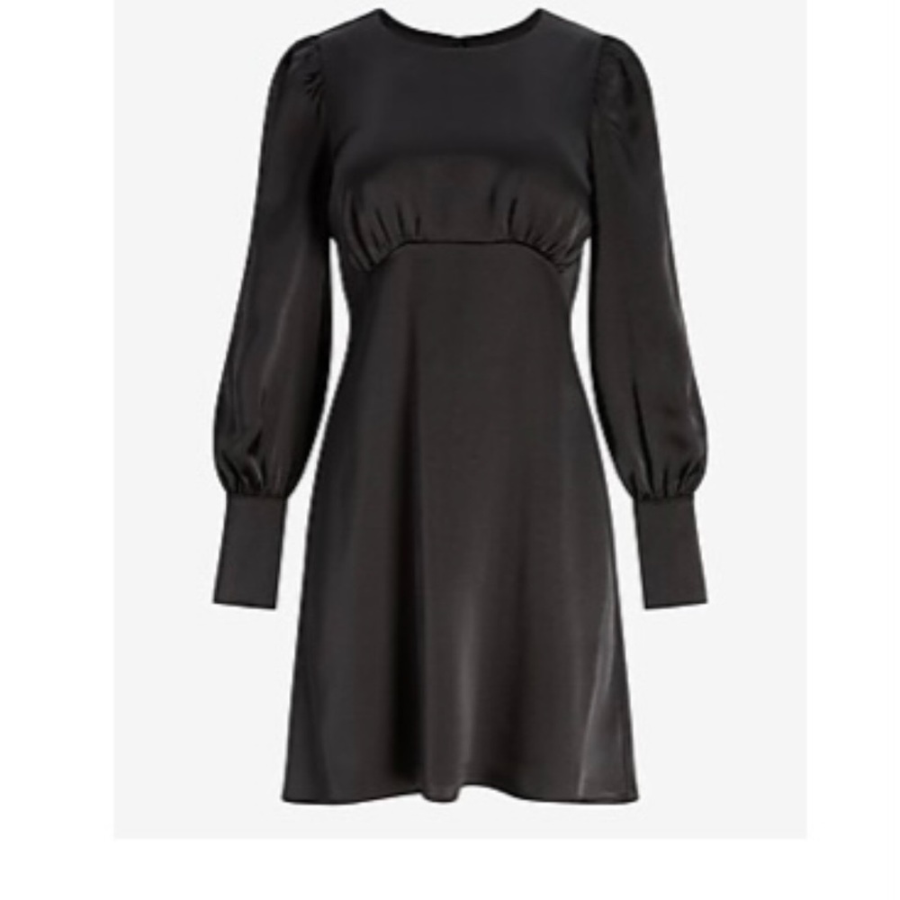 Black Express Satin Balloon Sleeve Empire Seam dress